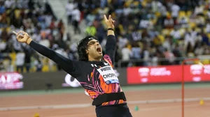 AP Photo/Hussein Sayed : Neeraj Chopra, of India, reacts after an attempt in the men's javelin throw during the Diamond League athletics meet at the Qatar Sports Club stadium in Doha.