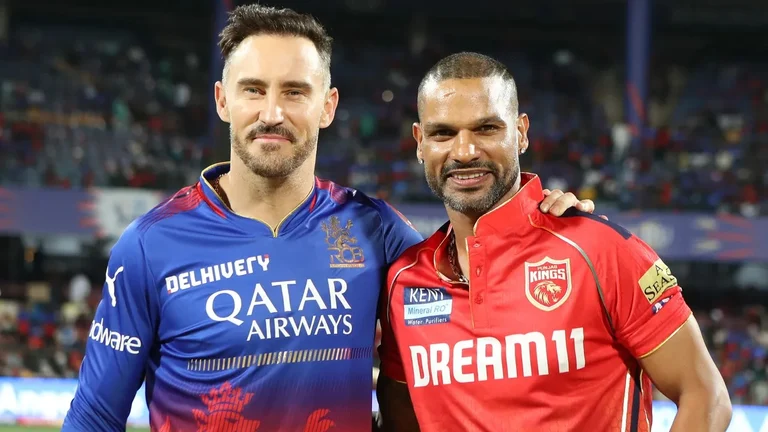 Captains of RCB and PBKS, Faf Du Plessis (first from left) and Shikar Dhawan at the toss ahead of match 6 of the IPL 2024.  - BCCI 