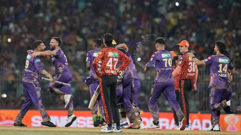 Kolkata Knight Riders celebrate their win over Sunrisers Hyderabad in the Indian Premier League 2024 final at Chepauk, Chennai on Sunday (May 26).  - AP