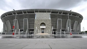 AP : An external view of Puskas Arena in Budapest, Hungary, the Executive Committee of UEFA decided this soccer stadium will host the final match of men's soccer Champions League in 2026.