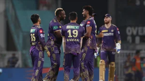 AP Photo/Pankaj Nangia : Kolkata Knight Riders' Andre Russel, second left, celebrates the wicket of Lucknow Super Giants' Marcus Stoinis with his teammates during the Indian Premier League cricket match between Lucknow Super Giants and Kolkata Knight Riders in Lucknow.