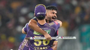 AP Photo/Mahesh Kumar A. : Kolkata Knight Riders' captain Shreyas Iyer celebrates Mitchell Starc after winning against Sunrisers Hyderabad during the Indian Premier League cricket final match in Chennai.