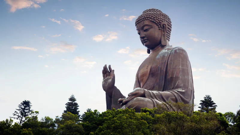 A serene Buddha statue sits in a vast field, emanating tranquility and wisdom.