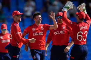 (AP Photo/Ricardo Mazalan) : England's Mark Wood highs five with teammates after taking the wicket of Oman's Ayaan Khan during an ICC Men's T20 World Cup cricket match at Sir Vivian Richards Stadium in North Sound, Antigua and Barbuda, Thursday, June 13, 2024. 
