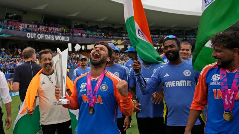 Rishabh Pant, India celebrate T20 World Cup 2024 trophy, AP photo