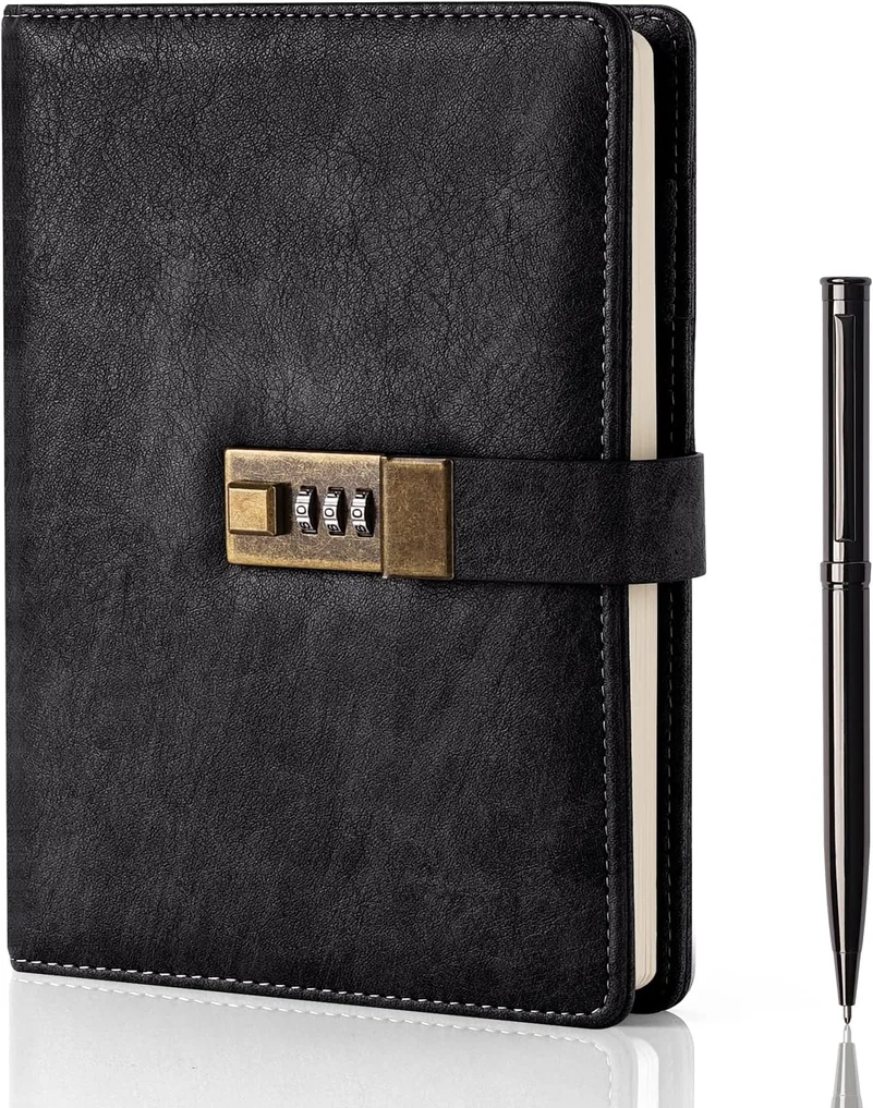 A black leather journal with pen 