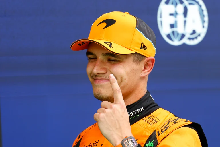 McLaren driver Lando Norris of Britain celebrates after winning the pole position for the Formula 1 Spanish Grand Prix at the Barcelona Catalunya racetrack in Montmelo, near Barcelona, Spain, Saturday, June 22, 2024. The race will be held on Sunday. 


 - (AP Photo/Joan Monfort)