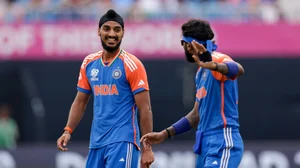 Photo: AP/PTI : India's bowler Arshdeep Singh, left, is congratulated by teammate Hardik Pandya for taking two early wickets against Ireland during an ICC Men's T20 World Cup cricket match at the Nassau County International Cricket Stadium in Westbury, New York.