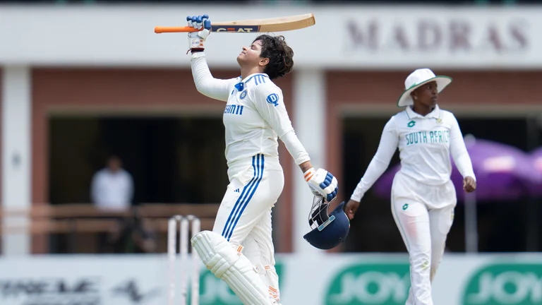 Shafali Verma in action during the India women vs South Africa women One-off Test.  - X | BCCI Women 