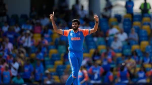 AP Photo/Ricardo Mazalan : India's Jasprit Bumrah celebrates the dismissal of Afghanistan's Najibullah Zadran during the ICC Men's T20 World Cup cricket match between Afghanistan and India at Kensington Oval in Bridgetown, Barbados.