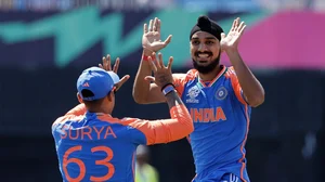 AP/Adam Hunger : India's Arshdeep Singh, right, celebrates with teammate Suryakumar Yadav after the dismissal of United States' Shayan Jahangir during the ICC Men's T20 World Cup cricket match between United States and India at the Nassau County International Cricket Stadium in Westbury, New York, Wednesday, June 12, 2024