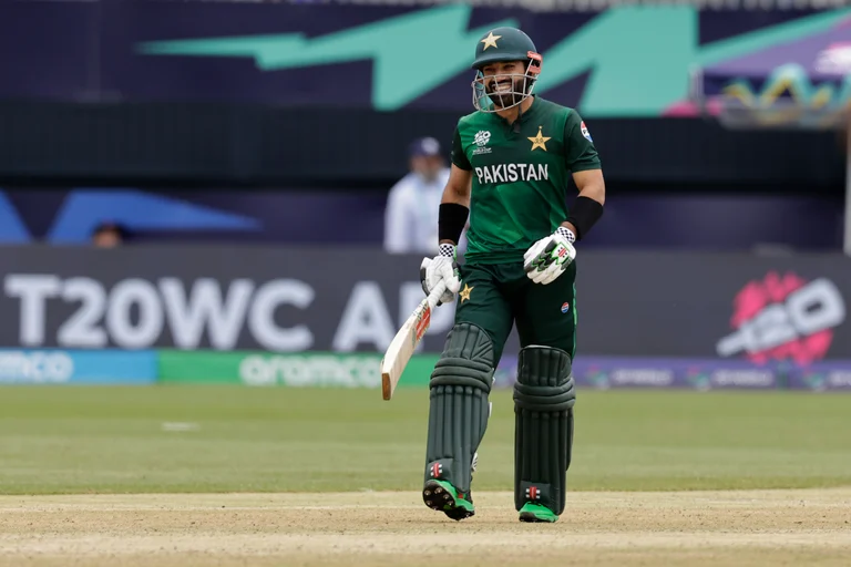 Pakistan's Mohammad Rizwan reacts after playing a shot during the ICC Men's T20 World Cup cricket match between Pakistan and Canada at the Nassau County International Cricket Stadium in Westbury, New York, Tuesday, June 11, 2024. 

 - (AP Photo/Adam Hunger)
