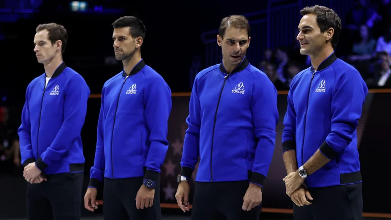 Federer (R) with his former rivals at the 2022 Laver Cup. - null