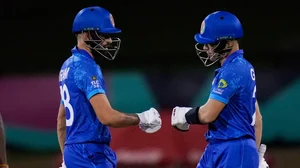 Afghanistan's Ibrahim Zadran, left, and Rahmanullah Gurbaz in action during their ICC Men's T20 World Cup match against Uganda at Providence Stadium, Guyana on June 3, 2024.