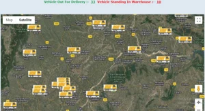 Screenshot of the GPS based tracking application showing satellite image with vehicle locations.