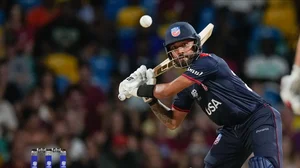 AP Photo/Ricardo Mazalan : United States' Nitish Kumar looks to hit the ball during the men's T20 World Cup cricket match between the USA and the West Indies at Kensington Oval, Bridgetown, Barbados.