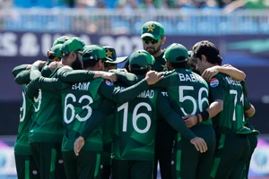 (AP Photo/Adam Hunger)


 : Pakistan players huddle before the start of the ICC Men's T20 World Cup cricket match between Pakistan and Canada at the Nassau County International Cricket Stadium in Westbury, New York, Tuesday, June 11, 2024. 