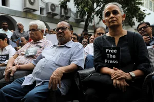 SURESH K PANDEY : Author-activist Arundhati Roy at at a solidarity meet at Press Club of India in New Delhi, October 4, 2023.