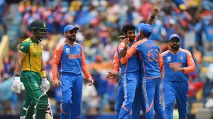 X/@bcci : India celebrate after Jasprit Bumrah bowls Reeza Hendricks in T20 World Cup final.