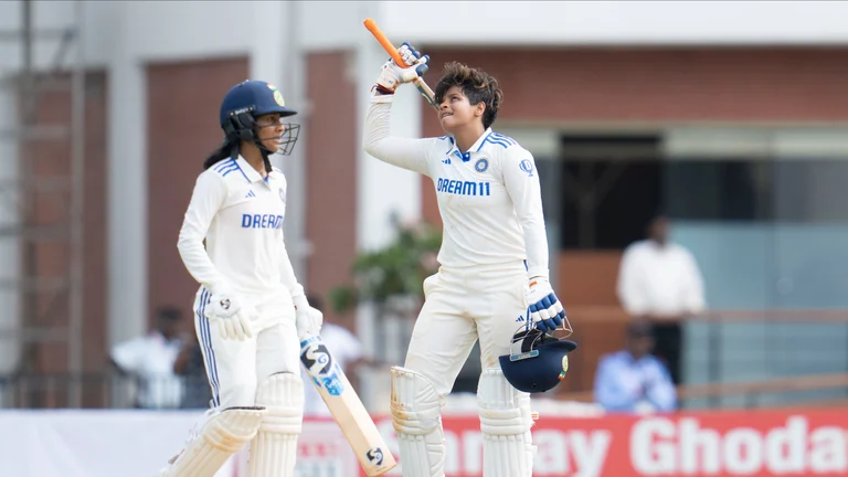 Shafali Verma (R) celebrating after completing her maiden double ton in Test cricket. - Photo: X/ @BCCIWomen