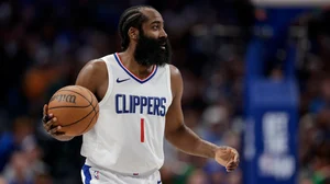 James Harden in action during Game 4 of the Los Angeles Clippers' 2024 first-round playoff series vs. the Dallas Mavericks