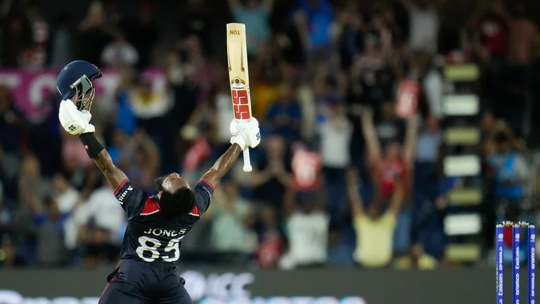 United States' Aaron Jones reacts after winning the men's T20 World Cup cricket match between the United States and Canada at Grand Prairie Stadium, in Grand Prairie, Texas. - AP/Julio Cortez