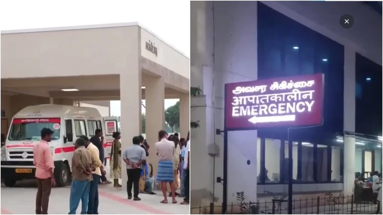 L: Visuals from outside Kallakurichi Govt Medical College Hospital | R: Outside Puducherry's JIPMER Hospital. - X/@ANI