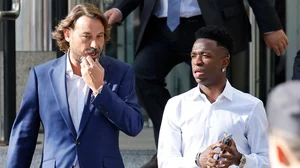 Vinicius Junior leaves a Spanish courthouse after giving evidence against three Valencia fans, who have been found guilty of racially abusing him