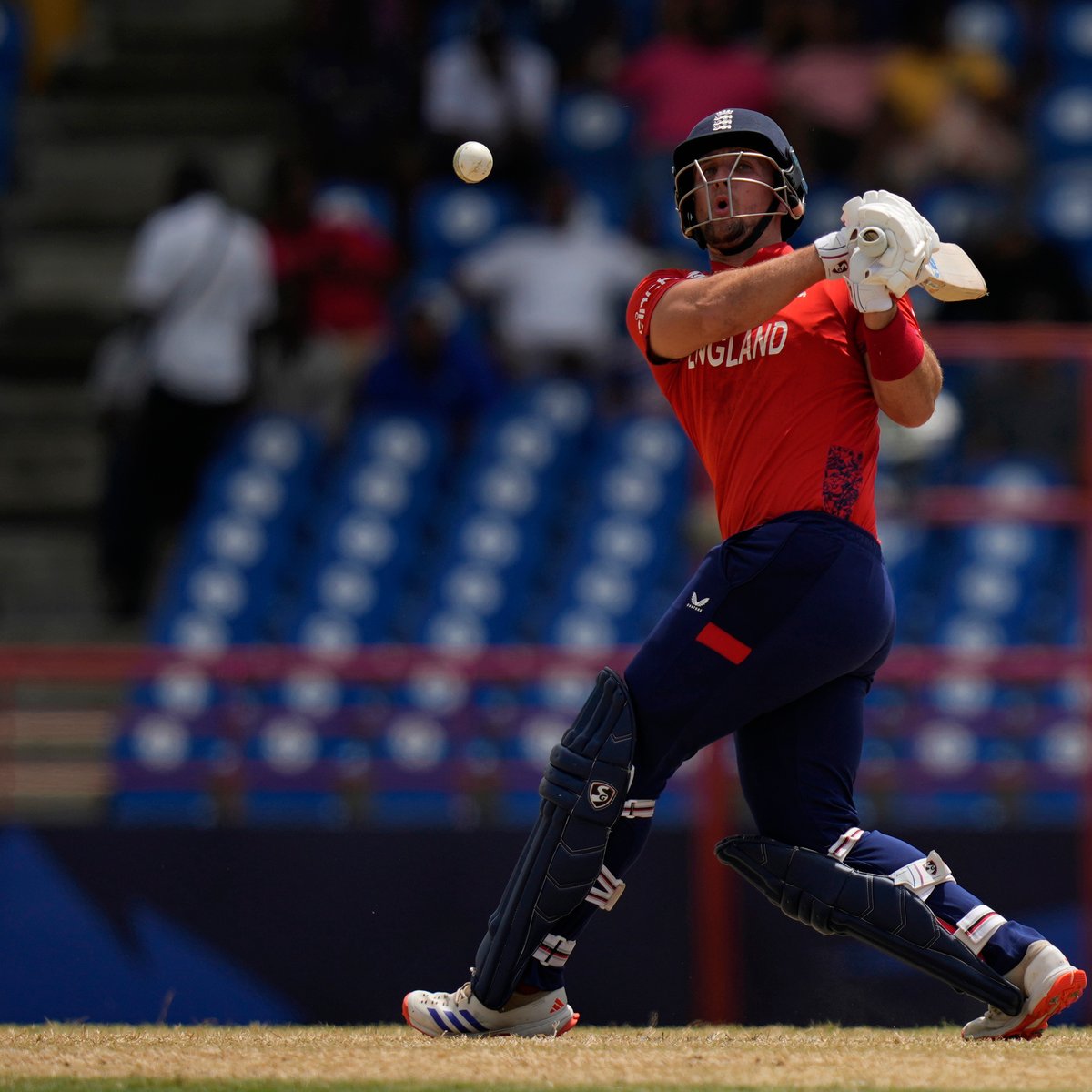(AP Photo/Ramon Espinosa) : England's Liam Livingstone plays a shot during the ICC Men's T20 World Cup cricket match between England and South Africa at Darren Sammy National Cricket Stadium in Gros Islet, Saint Lucia, Friday, June 21, 2024. 