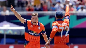(AP Photo/Adam Hunger)


 : Logan van Beek of the Netherlands reacts after taking a wicket during an ICC Men's T20 World Cup cricket match against South Africa at the Nassau County International Cricket Stadium in Westbury, New York, Saturday, June 8, 2024. 