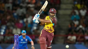 AP : West Indies' Nicholas Pooran bats in action against Afghanistan during an ICC Men's T20 World Cup cricket match. 