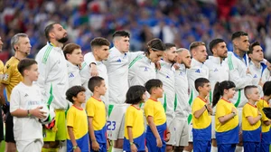 (AP Photo/Martin Meissner) : Italy players embrace before a Group B match between Spain and Italy at the Euro 2024 soccer tournament in Gelsenkirchen, Germany, Thursday, June 20, 2024. 