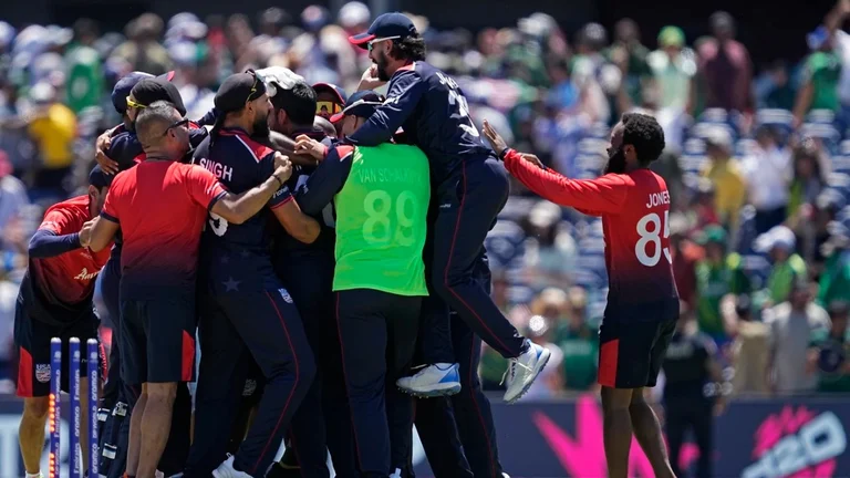 USA players celebrate their super over win against Pakistan.  - AP