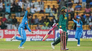 PTI Photo/Shailendra Bhojak : India's Smriti Mandhana celebrates the wicket of South African batter Sune Luus during the second women's ODI cricket match between India and South Africa at M Chinnaswamy Stadium, in Bengaluru.