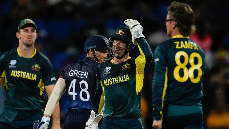 Adam Zampa (right) traps Zane Green LBW during the Australia vs Namibia, ICC T20 World Cup 2024 match in Antigua on Wednesday (June 12). - AP/Ricardo Mazalan