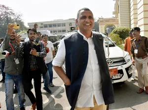 (Photo by Santosh Kumar via Getty Images) :  RJD MLA Sudhakar Singh speaking with media persons outside of Bihar Assembly during Budget Session on February 28, 2023 in Patna, India. 