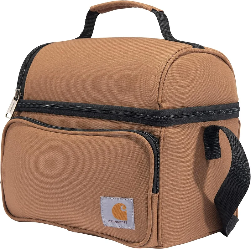A brown lunch bag with hand strap 