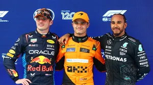 X | Red Bull Racing  : Spanish Grand Prix 2024 podium, Max Verstappen (first from left), Lando Norris (middle) and Lewis Hamilton. 