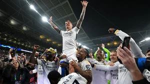 Toni Kroos is hoisted aloft by his team-mates at the end of Saturday's final.