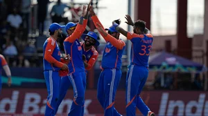 (AP Photo/Ramon Espinosa) : Indian players celebrate during the ICC Men's T20 World Cup second semifinal cricket match between England and India at the Guyana National Stadium in Providence, Guyana, Thursday, June 27, 2024. 
