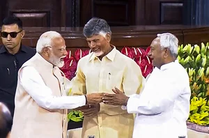 PTI : Prime Minister Narendra Modi with TDP chief Chandrababu Naidu and JDU chief Nitish Kumar.