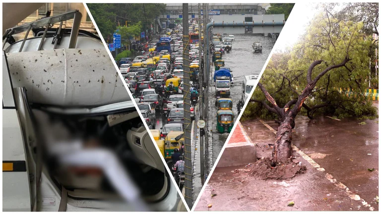 One person died in a roof-collapse incident at IGI airport while waterlogging led to massive traffic snarls after record rain in Delhi on Friday - X and PTI