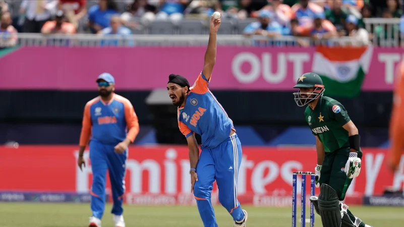 Arshdeep Singh bowling against Pakistan in the T20 World Cup 2024. AP PTI