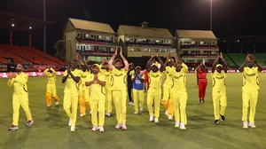 Uganda celebrate their victory over Papua New Guinea at Providence Stadium