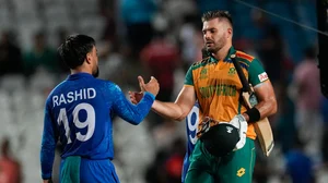 AP/Ricardo Mazalan : Captains Rashid Khan and Aiden Markram shake hands after South Africa beat Afghanistan by nine wickets in the first semi-final of ICC T20 World Cup 2024, in Trinidad on Thursday (June 27).