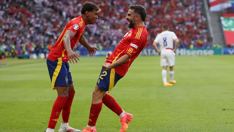 Lamine Yamal (left) and Dani Carvajal celebrate Spain's third goal against Croatia. - File