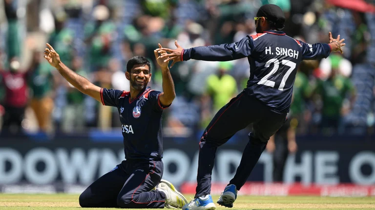 Saurabh Netravalkar and Harmeet Singh celebrate after winning the super over against Pakistan. - T20WorldCup/X