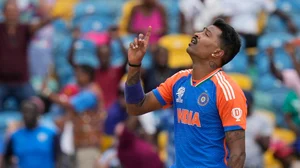 AP Photo/Ramon Espinosa : India's Hardik Pandya celebrates the wicket of South Africa's Kagiso Rabada during the ICC Men's T20 World Cup final cricket match between India and South Africa at Kensington Oval in Bridgetown, Barbados.