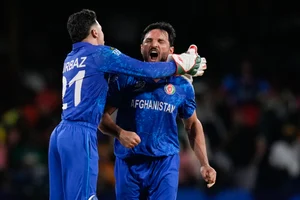 (AP Photo/Ramon Espinosa) : Afghanistan's Rahmanullah Gurbaz congratulates teammate Gulbadin Naib, right, after taking the wicket of Australia's Tim David during the men's T20 World Cup cricket match between Afghanistan and Australia at Arnos Vale Ground, Kingstown, Saint Vincent and the Grenadines, Saturday, June 22, 2024. 