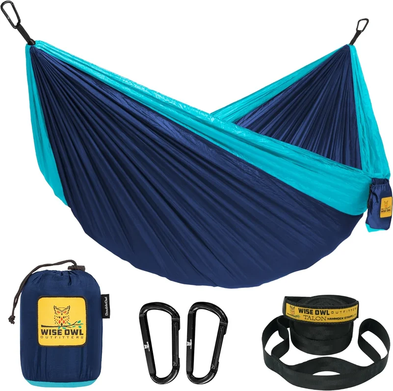 A blue hammock with some additional accessories 
